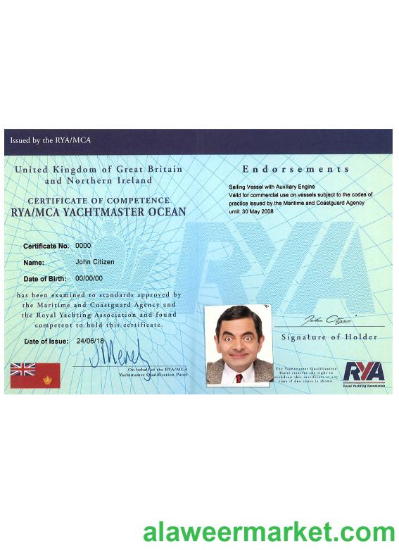 United Kingdom RYA Yachtmaster Certificates of Competence PSD sample
